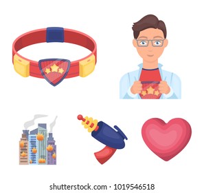 Man, young, glasses, and other web icon in cartoon style. Superman, belt, gun icons in set collection.