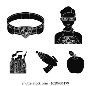 Man, young, glasses, and other web icon in black style. Superman, belt, gun icons in set collection.