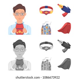 Man, young, glasses, and other web icon in cartoon, monochrome style. Superman, belt, gun icons in set collection.
