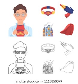 Man, young, glasses, and other web icon in cartoon,outline style. Superman, belt, gun icons in set collection.