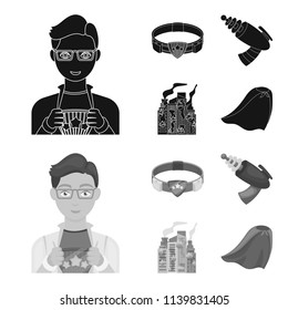 Man, young, glasses, and other web icon in black,monochrom style. Superman, belt, gun icons in set collection.
