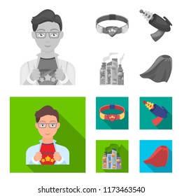 Man, young, glasses, and other web icon in monochrome,flat style. Superman, belt, gun icons in set collection.