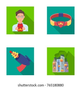 Man, young, glasses, and other web icon in flat style. Superman, belt, gun icons in set collection.
