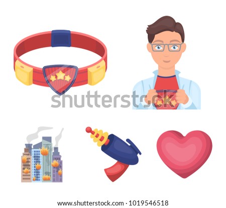 Man, young, glasses, and other web icon in cartoon style. Superman, belt, gun icons in set collection.