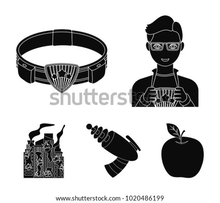 Man, young, glasses, and other web icon in black style. Superman, belt, gun icons in set collection.