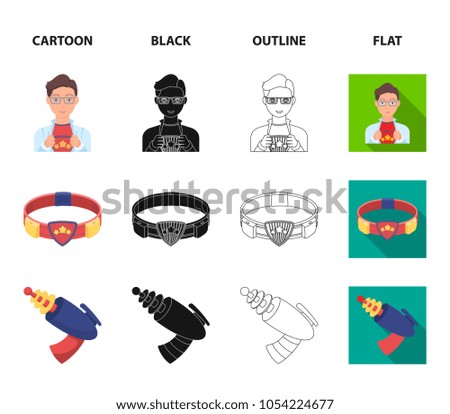 Man, young, glasses, and other web icon in cartoon,black,outline,flat style. Superman, belt, gun icons in set collection.