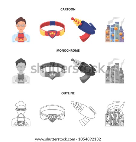 Man, young, glasses, and other web icon in cartoon,outline,monochrome style. Superman, belt, gun icons in set collection.