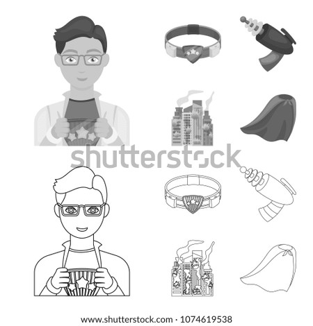 Man, young, glasses, and other web icon in outline,monochrome style. Superman, belt, gun icons in set collection.