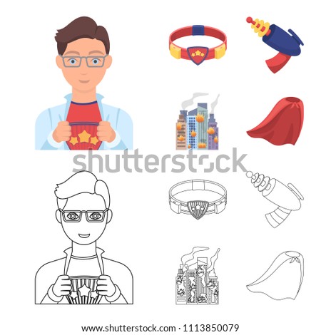 Man, young, glasses, and other web icon in cartoon,outline style. Superman, belt, gun icons in set collection.