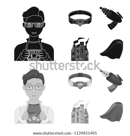 Man, young, glasses, and other web icon in black,monochrom style. Superman, belt, gun icons in set collection.