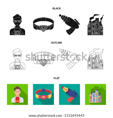 Man, young, glasses, and other web icon in cartoon style. Superman, belt, gun icons in set collection.