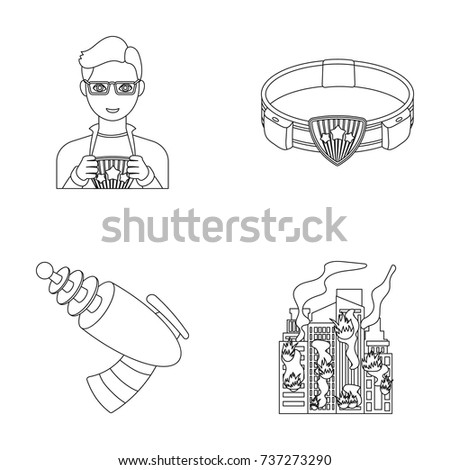 Man, young, glasses, and other web icon in outline style. Superman, belt, gun icons in set collection.