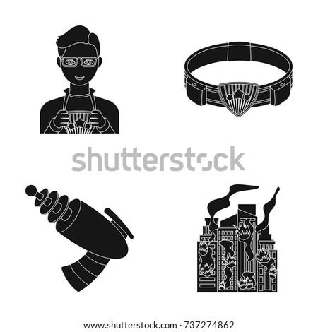 Man, young, glasses, and other web icon in black style. Superman, belt, gun icons in set collection.