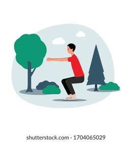 Man or young guy cartoon character doing squats exercises at landscape backdrop, flat vector illustration isolated on white background. Outdoor open air training.