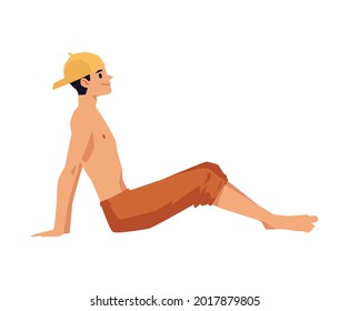 Man or young guy cartoon character in shorts and cap sunbathing, flat vector illustration isolated on white background. Summer beach and picnic vacation personage.