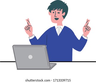man young laptop pc crossed finger