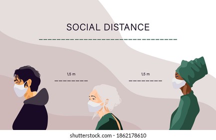 Man, young and old women on beige backdrop. Social distance for social banner or propaganda, hygiene promotion, medical poster. Chemist shop logo or info card. Flat style stock vector illustration