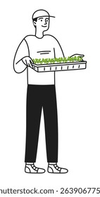 Man with young seedlings in hands, taking care of plants. Microgreens. Caring for nature. Gardening. Ecology. Vector illustration doodle