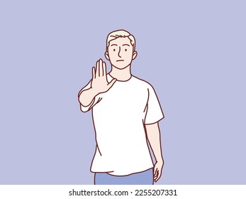Hombre joven serio dice que no detenga la señal gesto mano simple ilustración de estilo coreano