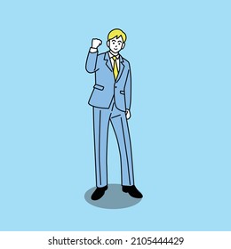 A man in a young suit doing a guts pose, full body