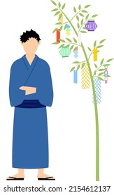 Man in yukata, Looking at a Tanabata bamboo branch, image of Tanabata