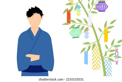 Man in yukata, Looking at a Tanabata bamboo branch, image of Tanabata