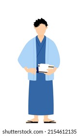 Man in yukata, Wearing a haori and holding a bath tub, image of a hot spring