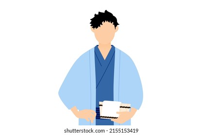 Man in yukata, Wearing a haori and holding a bath tub, image of a hot spring