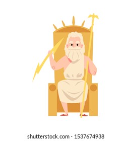 Man or Zeus Greek God sits on throne holding staff and lightning cartoon style, vector illustration isolated on white background. Jupiter mythological father or ruler of sky and thunder