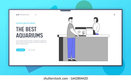 Man in Zoo Market Buying Fishes Website Landing Page. Character Stand at Counter Desk in Pet Shop Paying for Purchasing Aquarium with Fish Web Page Banner. Cartoon Flat Vector Illustration, Line Art