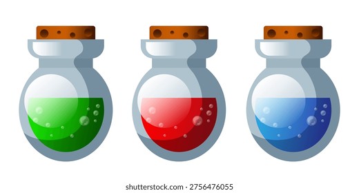 Mana bottle. Potion bottle set. Vector clipart.