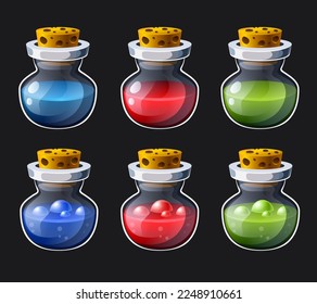 Mana bottles. Potion bottle set. Elixir of health or mana. Icons for video games. Vector clipart. 