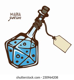 Mana potion faceted bottle with blank tag on a rope. Place for text. Eps8.