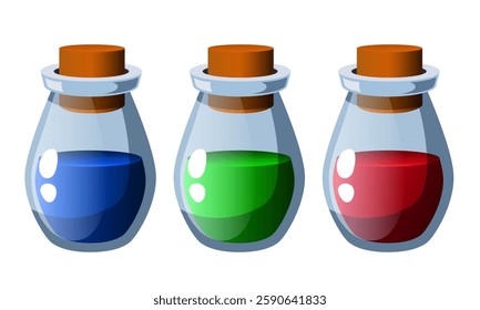 Mana set. Potion bottle. Elixir of health or mana. Vector clipart.