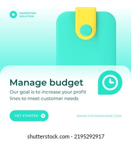 Manage Budget Financial Accounting Marketing Solutions Wallet Social Media Post 3d Icon Vector Illustration. Corporate Personal Income Investment Savings Currency Management Profit Optimization