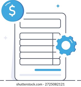 Gestione las finanzas comerciales y el procesamiento de Facturas con este ícono de documento con una Ilustración vectorial plana isométrica de engranajes y signos de dólares.