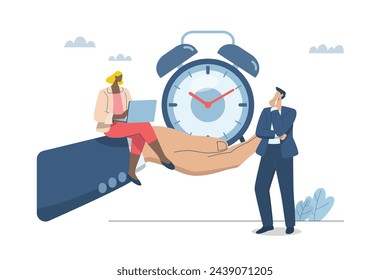 Manage business schedules and determining working hours, Effective time management by managers or bosses, Big hand holding alarm clock with business team. Vector design illustration.