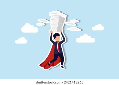 Manage busy tasks, handle workload, multitask efficiently within deadlines, organize documents, stay effective and productive concept, businessman superhero carry load of paperwork documents.