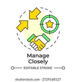 Manage closely multi color concept icon. Employee engagement, business agreement. High performance. Round shape line illustration. Abstract idea. Graphic design. Easy to use in booklet, article