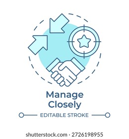 Manage closely soft blue concept icon. Employee engagement, business agreement. High performance. Round shape line illustration. Abstract idea. Graphic design. Easy to use in booklet, article