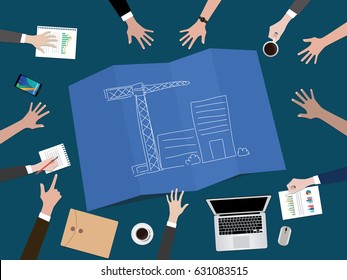 manage company development or build a startup company concept illustration with hand team work together on top of the table