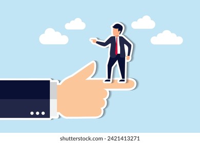 Manage coworker conflicts, navigate diverse thoughts, address disagreements, and tackle decision issues effectively concept, tiny businessman standing on giant hand pointing in opposite direction.