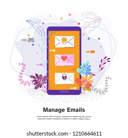 Manage emails concept. Touch screen phone with a list of incoming letters. Application for mobile devices. Receiving, sorting and sending letters, information security, storage of correspondence.