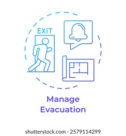 Manage evacuation blue gradient concept icon. Emergency exit, building blueprint. Safety, security. Round shape line illustration. Abstract idea. Graphic design. Easy to use in infographic