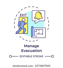 Manage evacuation multi color concept icon. Emergency exit, building blueprint. Safety, security. Round shape line illustration. Abstract idea. Graphic design. Easy to use in infographic