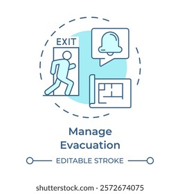 Manage evacuation soft blue concept icon. Emergency exit, building blueprint. Safety, security. Round shape line illustration. Abstract idea. Graphic design. Easy to use in infographic