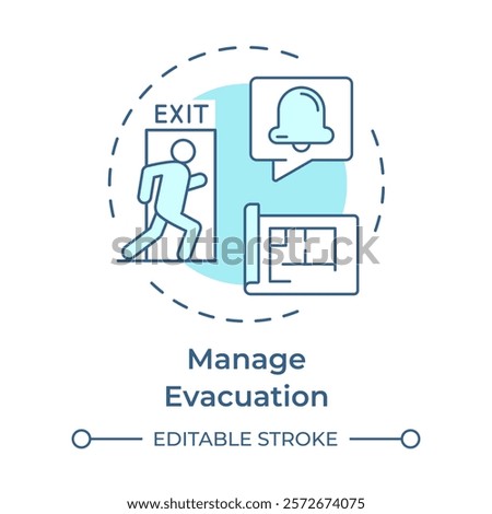 Manage evacuation soft blue concept icon. Emergency exit, building blueprint. Safety, security. Round shape line illustration. Abstract idea. Graphic design. Easy to use in infographic