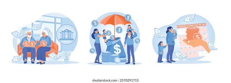 Manage family finances.Family tax allowance, insurance, childcare payments. Payment of mother's salary during maternity leave. Maternity and paternity leave concept. Set flat vector illustration.