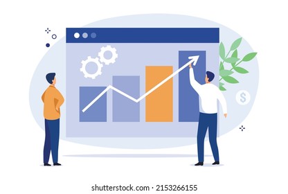 Manage finances concept. Businessman managing financial income. People analyzing financial graphs and diagrams or other data. Income Increase. Vector illustration.