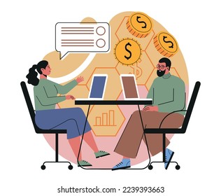 Manage finances concept. Man and woman financial consultants analyze income and expenses of company or budget of business. Accountants count money and give advice. Cartoon flat vector illustration